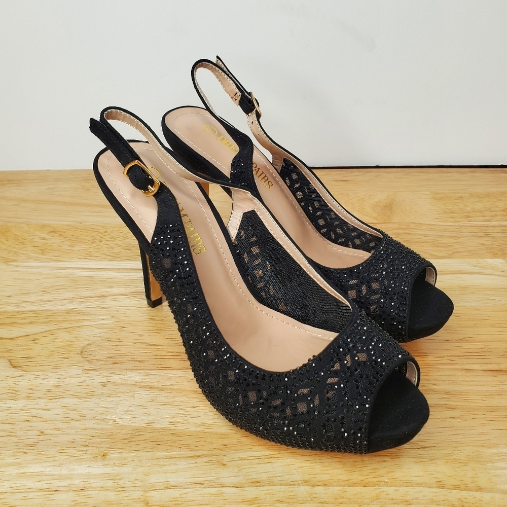 Dream Pairs Peep Toe Rhinestone Pumps Black Womens Size 7
